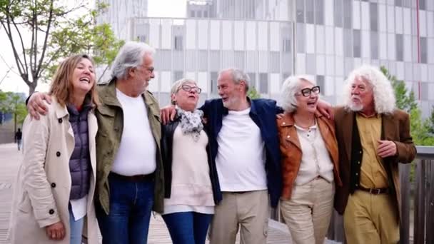 Groep van glimlachende volwassen mensen lopen zorgeloos. Senior genieten van vakanties op straat van stadspark stad. Diverse gelukkige oudere vrienden hebben plezier vieren vrije tijd knuffelen. Kaukasisch grijs haar - Video