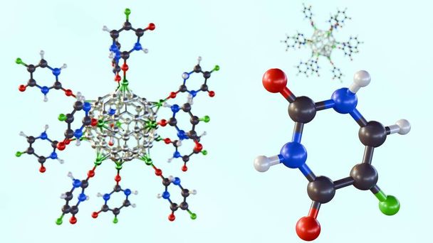 3d representación de metal alcalino decorado con C60 fullerenos para la entrega de la droga contra el cáncer de 5-fluorouracilo - Foto, imagen