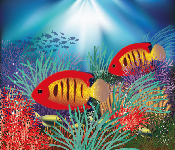 Underwater wallpaper with tropical fish, vector illustration - Vector, imagen
