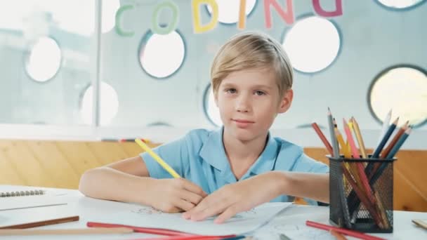 Smiling happy boy coloring creative picture and looking at camera. Smart active caucasian child excited or enjoy to learning coloring color book in online test. Creative learning education. Erudition. - Footage, Video