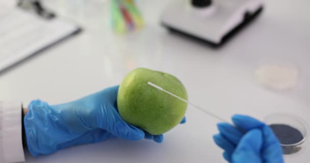Badania naukowe procesu dojrzewania jabłek i toksyn w laboratorium. Naukowiec pobrał próbkę skórki jabłka do badań. - Materiał filmowy, wideo