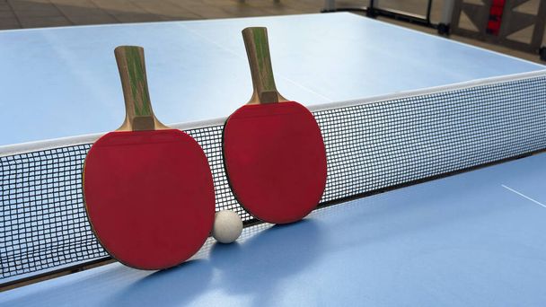 Raquettes et balles sur une table de ping-pong bleue - équipement pour le ping-pong ou le ping-pong. Raquettes anciennes et nouvelles en gros plan. Concept sportif. . Photo de haute qualité - Photo, image