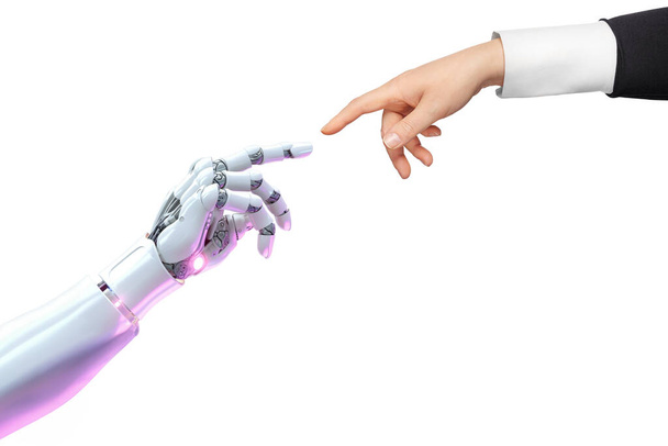 Weiße Cyborg-Roboterhand zeigt mit gestrecktem Finger auf menschliche Hand - Cyber la creation - isoliert auf freiem PNG-Hintergrund. - Foto, Bild