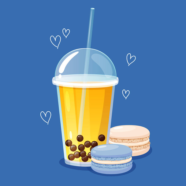 Cold mango bubble tea in takeaway plastic cup with lid and French yummy macarons dessert. - Vector, Image