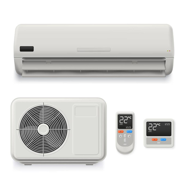 Realistinen split järjestelmä ilmastointilaite. Kodin jäähdytyslaitteet, ulkoinen yksikkö, termostaatti ja kaukosäädin ilmastoilman eristetty vektorikuvaussarja, kylmäjärjestelmän ohjaus - Vektori, kuva