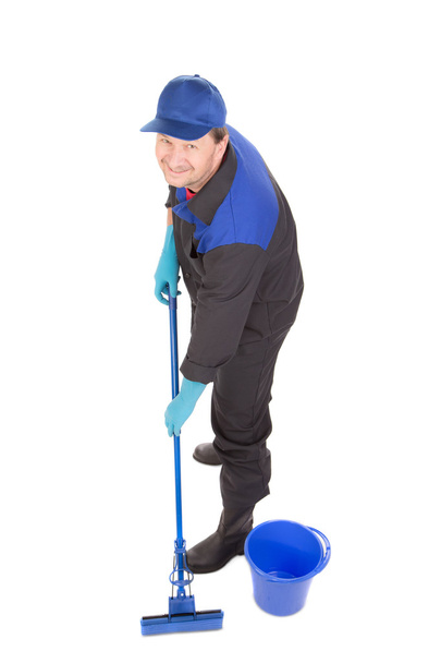 Man with bucket and blue mop. - Foto, afbeelding