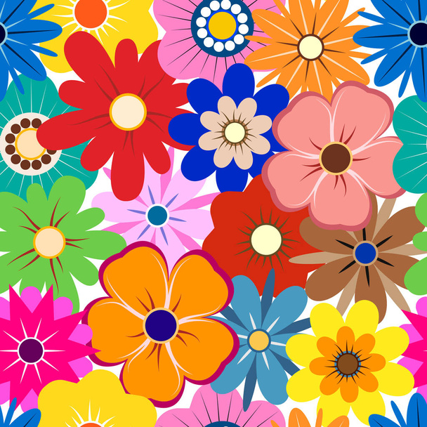 Abstract flowers, geometric shapes, top view. Spring and summer flora seamless pattern. Bright botanical elements in a flat design. Vector illustration - Vector, Image