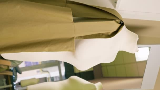vertikální video close-up v šicí dílně figurína stojící u zrcadla, na kterém visí zelený sáček - Záběry, video
