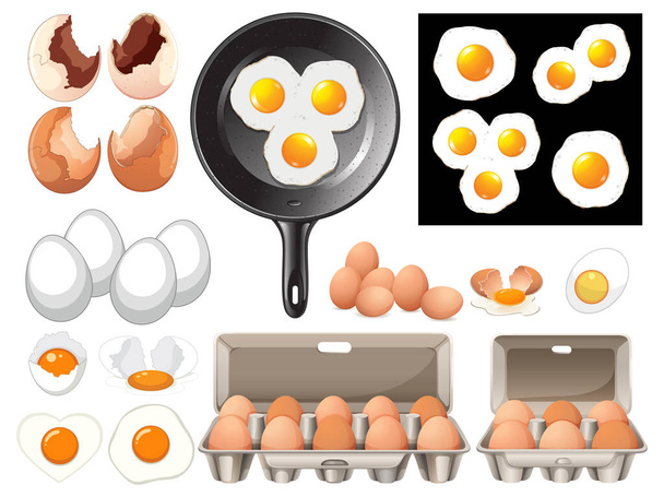 Illustration of eggs, shells, and frying pan - Vector, Image