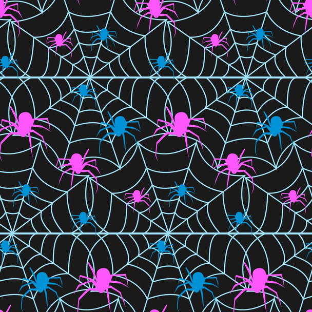 Seamless pattern of multi-colored spiders crawling on the web. - Вектор, зображення