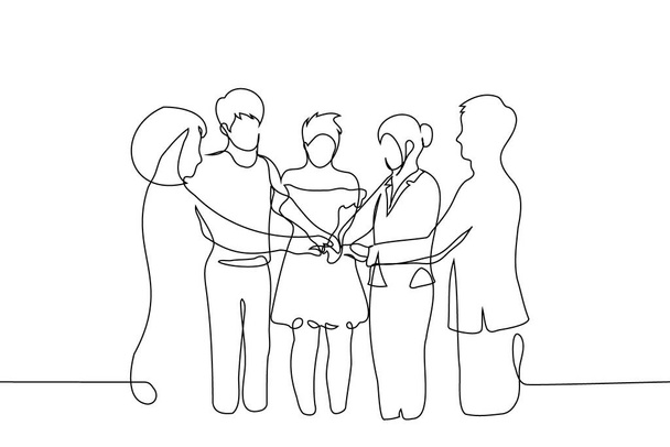 hombres y mujeres de pie con sus palmas colocadas juntas en el centro - una línea de vectores de arte. ilustración dibujada a mano de la unificación, equipo, juventud, diversidad - Vector, imagen