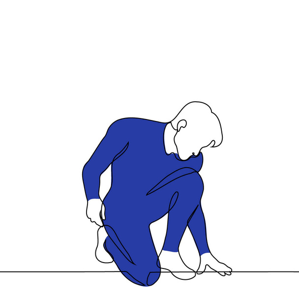 superheld in een blauw pak buigen in een lage heldhaftige houding - een lijn kunst vector. concept man atleet of sterke man - Vector, afbeelding