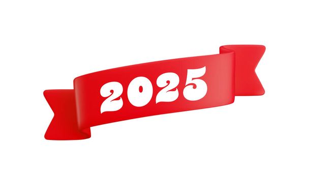 Vector desenho animado 3d fita dobrada vermelha com números 2025, elemento de design 3d realista para design de graduação, anuário, cartão de saudação de ano novo, design de Natal. - Vetor, Imagem