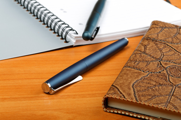 The opened writing-book in a leather cover and  pen - 写真・画像