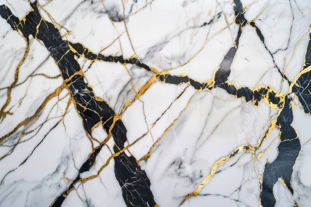This stunning photograph captures the contrasting elegance of dark and light marble, intertwined with golden veins that add a luxurious touch. The obsidian streaks provide a dramatic backdrop against the purity of the white marble, while the gold inf - Photo, Image