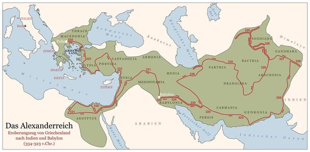 The Empire of Alexander the Great on his conquest course from Greece to India to Babylon 334 to 323 BC. German labeled history map with towns, provinces and years. German labeling. Illustration - Vektor, obrázek