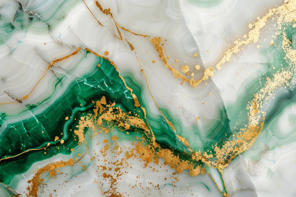 Это абстрактное изображение представляет собой визуальную симфонию зеленых мраморных завитков и вихрей, запыленных мелкими частицами золота. - Фото, изображение