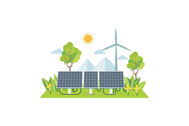 Paisaje ecológico de energía renovable con paneles solares y turbina eólica. Diseño de ilustración vectorial. - Vector, imagen