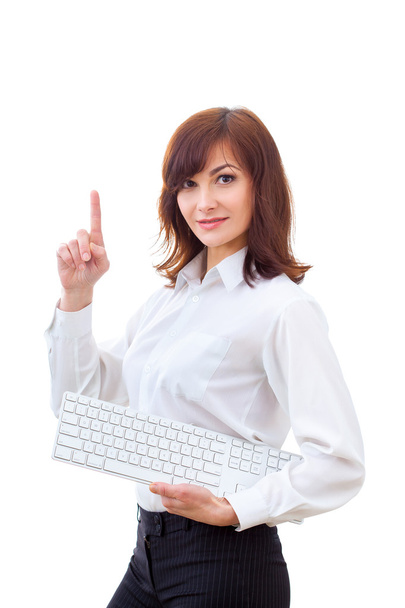 Woman in white shirt with computer keyboard - Photo, image