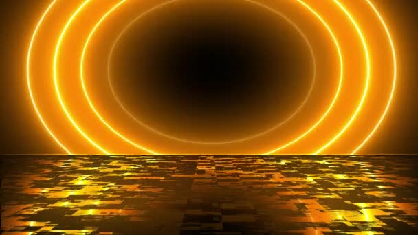 Circles reflective illuminated shining wealth concept infinite loop portal opening bg. Futuristic 3d graphic for clubbing night life. Creative fantasy engineering festive flames in the environment 4K. - Footage, Video