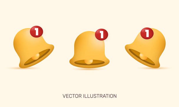3D realistisches Symbol drei gelbe Benachrichtigungsglocke Set isolierten Vektor-Design - Vektor, Bild