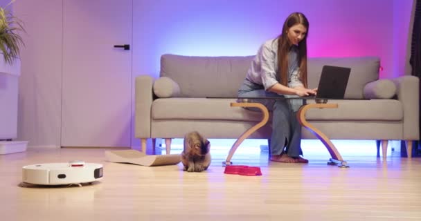 Une maison intelligente contemporaine avec un aspirateur robot, un salon élégant avec un chat paisible. Accent mis sur le confort et la technologie moderne. Salon moderne avec aspirateur robot. - Séquence, vidéo