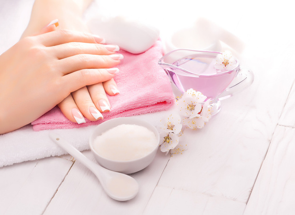 french manicure with essential oils, apricot flowers. spa - Foto, Imagem