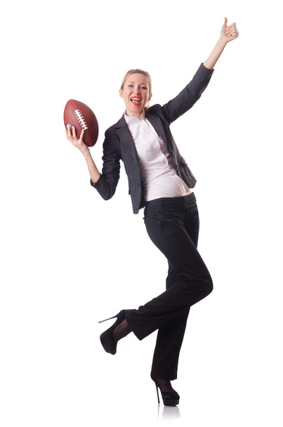 preety Büroangestellte mit Rugby-Ball isoliert auf weiß - Foto, Bild