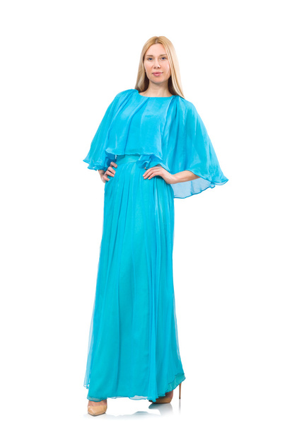 Fiatal nő gyengéd kék ruha elszigetelt fehér - Fotó, kép