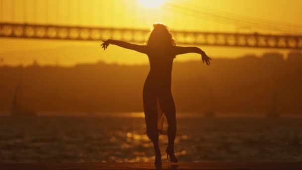 A woman is standing on a pier with her arms outstretched, silhouetted against the setting sun. Scene is serene and peaceful, as the woman is enjoying the beauty of the sunset - Filmati, video