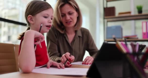 Мати і донька роблять домашнє завдання разом. Усміхнена жінка допомагає дівчині здобути знання. Молодша школярка вивчає новий матеріал, що сидить за столом у світлій кімнаті
 - Кадри, відео