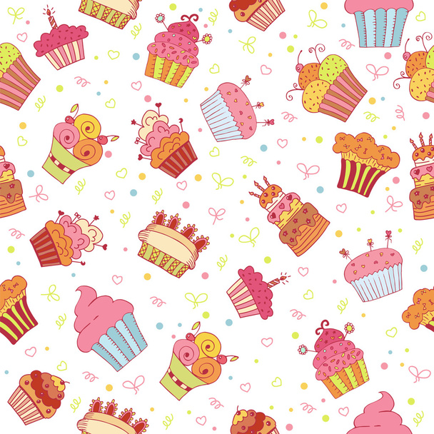 カップケーキとのシームレスなパターン。誕生日パーティーの背景 - ベクター画像