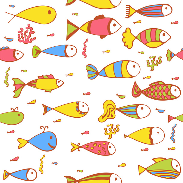 Seamless pattern with fishes and corals. Hand drawn background - Vektor, obrázek
