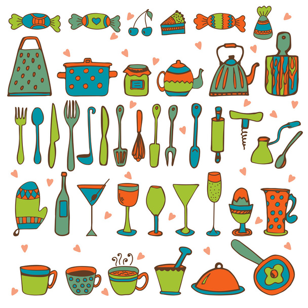 Set von handgezeichneten Küchengeräten - Vektor, Bild