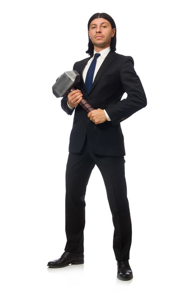 Handsome businessman holding hammer isolated on white - Foto, afbeelding