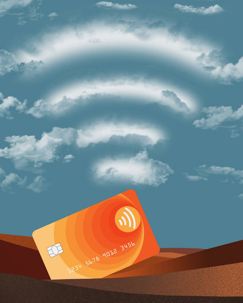A credit card with near field communication icon  is seen in a landscape scene with text area or copy space and it is a 3-d illustration. - Photo, Image