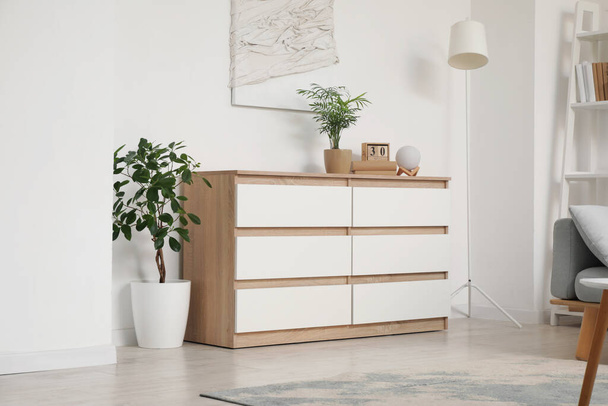 White wooden chest of drawers, houseplants, lamp in interior of light modern living room - Photo, Image