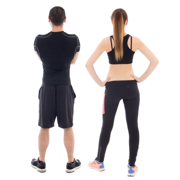 back view of young man and woman in sportswear isolated on white - Фото, изображение