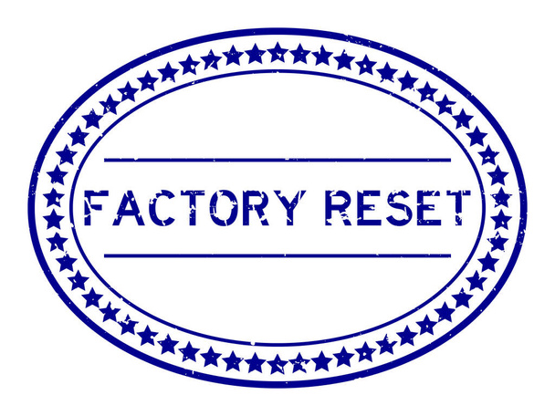 Grunge blue factory reset word oval rubber seal stamp auf weißem Hintergrund - Vektor, Bild