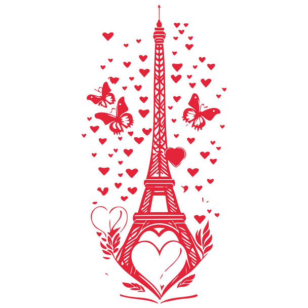 Torre Eiffel vermelha Borboleta amor coração Valentim ilustração elemento  - Vetor, Imagem