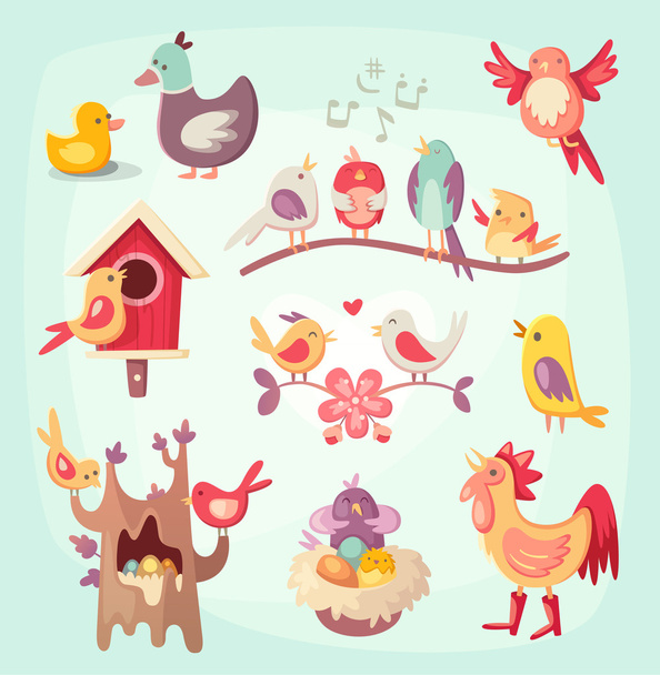Set of colorful spring birds - Vector, Image
