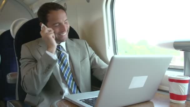 Businessman talking on cellphone in train - Кадры, видео