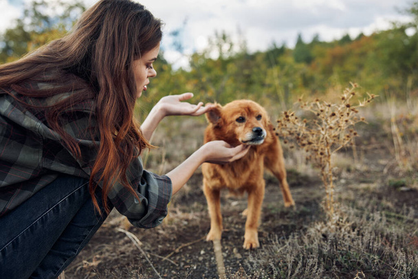 Young woman enjoying a peaceful moment with her furry friend in a scenic meadow surrounded by nature - Photo, Image