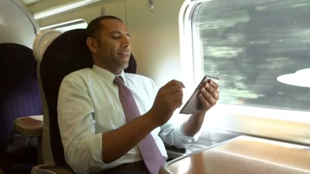 Businessman Reading e-reader in train - Záběry, video