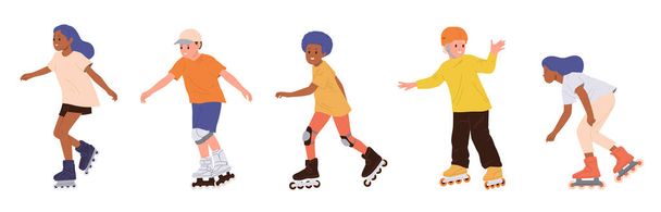 Boldog aktív gyerekek rajzfilmfigurák lovaglás görkorcsolya készlet elszigetelt fehér. Gyerekek nyári napok szórakoztató idő és sport tevékenység szabadban vektor illusztráció. Vidám iskolások nyaralnak - Vektor, kép