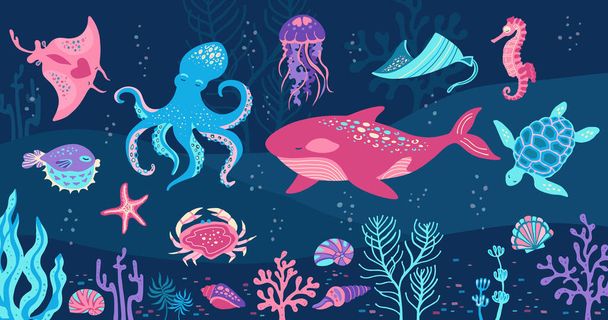 Ocean meri eläimet käsin piirretty sarjakuva kuvitus taidetta. Merijalkaväen koomikot suunnittelevat meduusoja, merihevosia, kaloja. Merenalainen meritähti, kilpikonna mustekala, taskurapu, valas, medusa-vektori tasainen sarja - Vektori, kuva