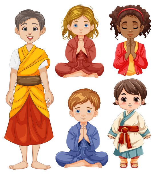 Çeşitli çocuklar kültür kıyafetleri içinde meditasyon yapıyorlar. - Vektör, Görsel