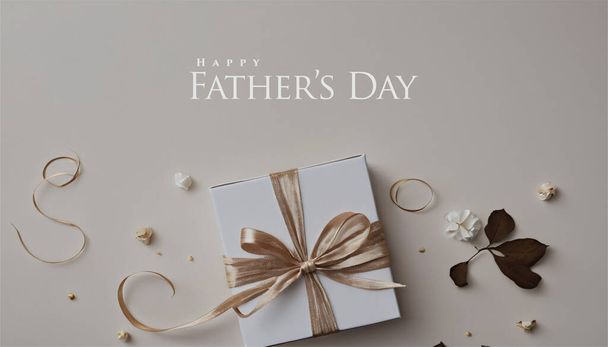 Fond heureux de fête des pères, Avec illustration de boîte cadeau 3d avec long ruban d'or de luxe. - Vecteur, image