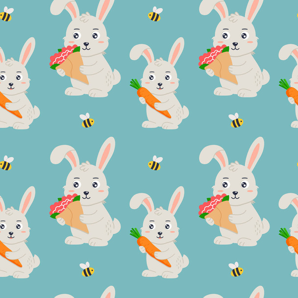 かわいいウサギと花とニンジン. シームレスなパターン. ウェブページの背景の記入,表面の質のために使用することができます. ベクター - ベクター画像