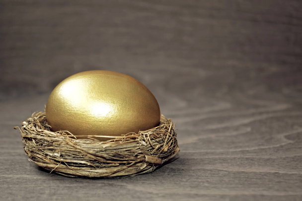Golden egg in the nest on wooden background - Photo, Image